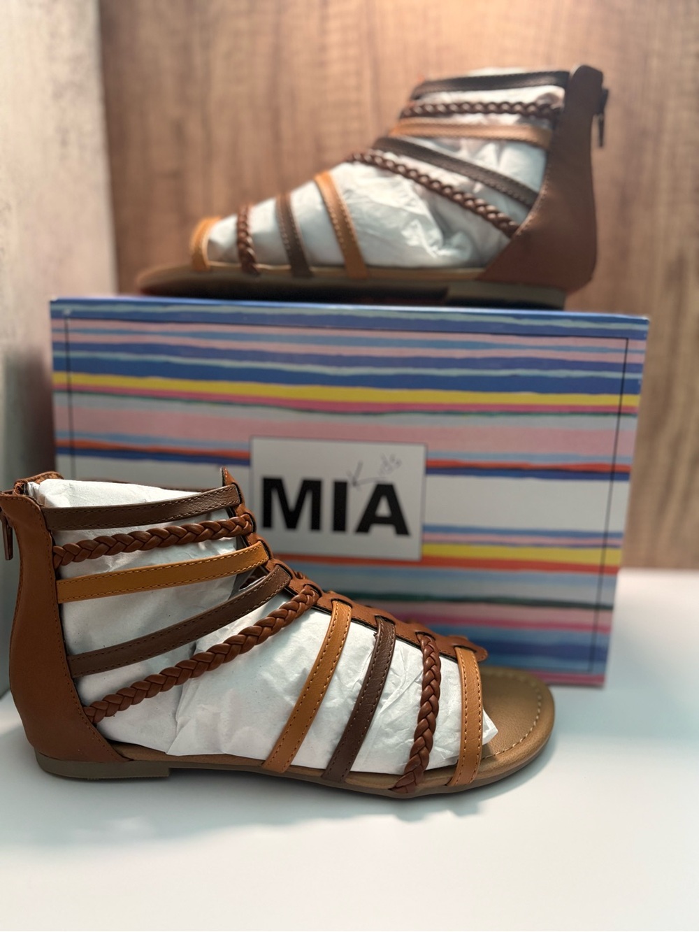 MIA Girls' Brown and Tan Braided Gladiator Sandals
